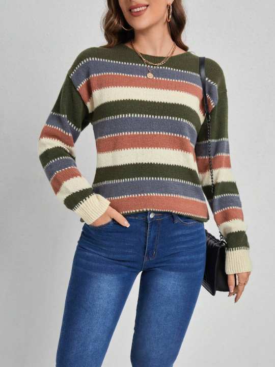 EMERY ROSE Women'S Striped Drop Shoulder Sweater