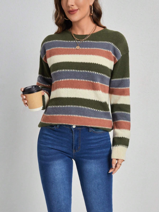 EMERY ROSE Women'S Striped Drop Shoulder Sweater