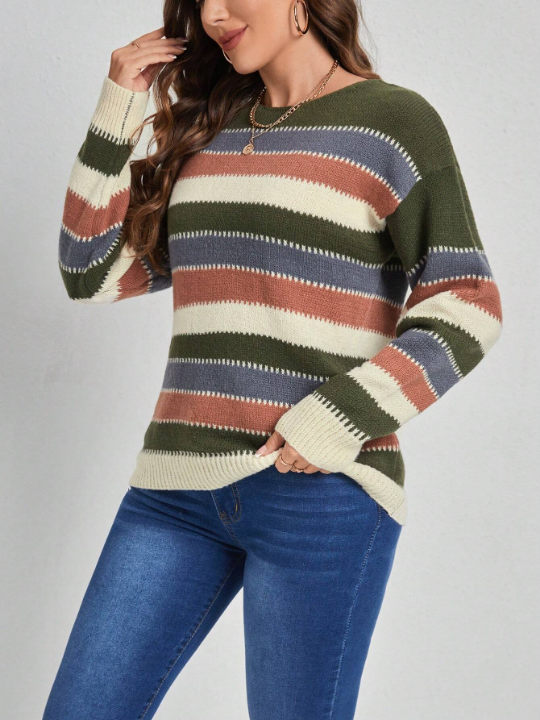 EMERY ROSE Women'S Striped Drop Shoulder Sweater