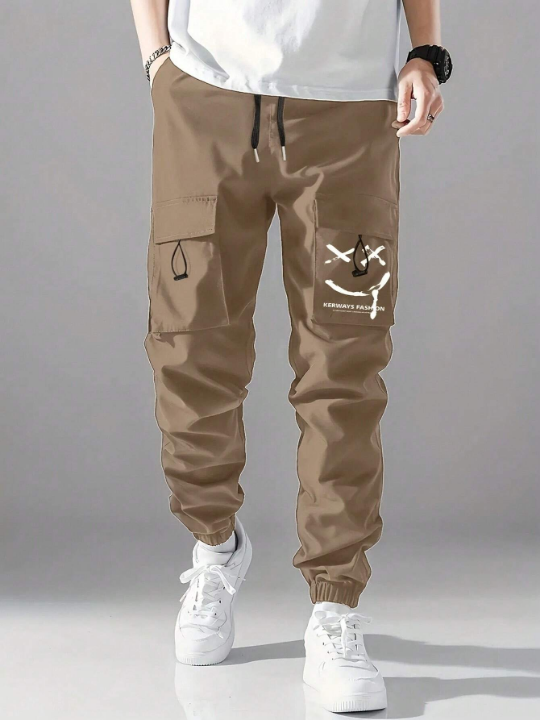 Men Cartoon Graphic Flap Pocket Drawstring Waist Cargo Pants