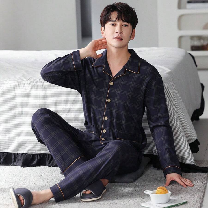 Men's Plaid & Printed Contrasting Color Hem Top And Pants Homewear Set For Autumn And Winter