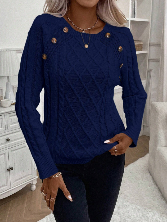 LUNE Women'S Solid Button Detailed Raglan Sleeve Sweater