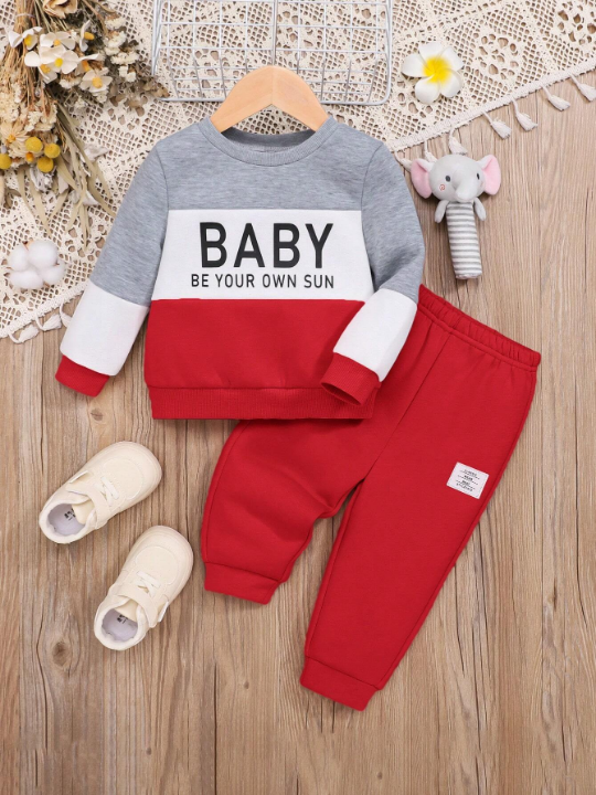 Infant Girls' Casual Spliced Letter Patched Sweatshirt And Pants Set