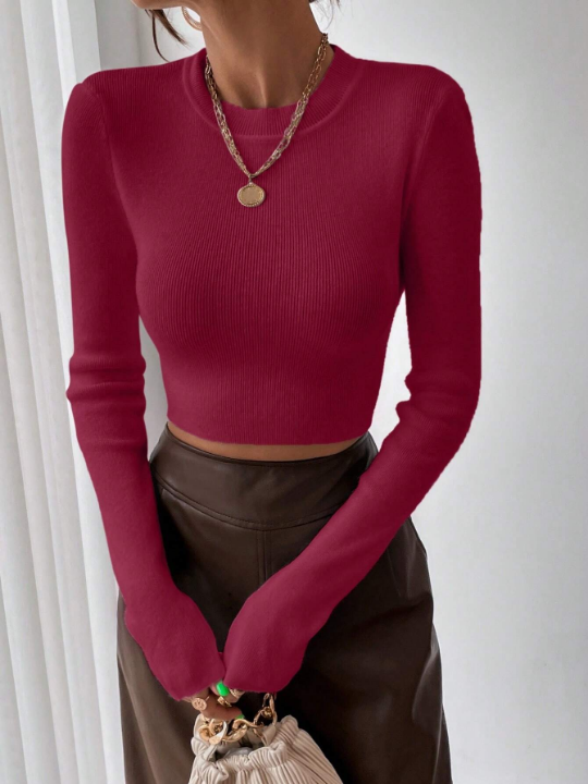 Frenchy Solid Color Round Neck Pullover Sweater With Long Sleeves