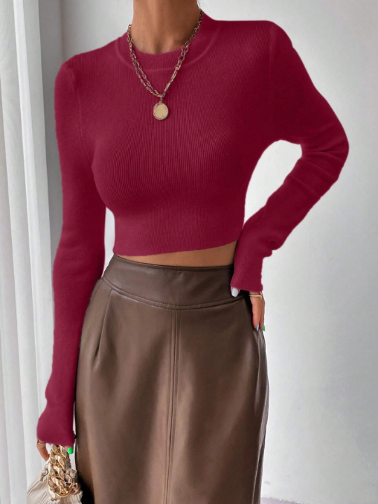 Frenchy Solid Color Round Neck Pullover Sweater With Long Sleeves