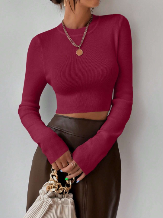 Frenchy Solid Color Round Neck Pullover Sweater With Long Sleeves