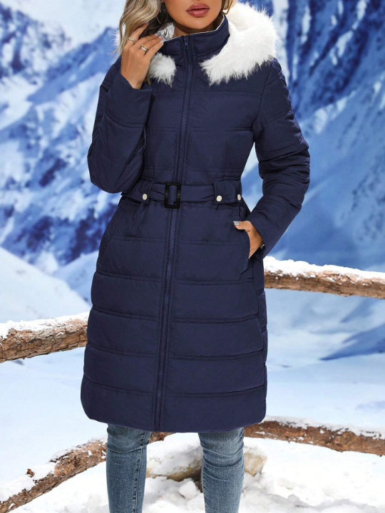 LUNE Women's Hooded Padded Coat With Fur Collar
