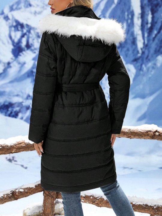 LUNE Pocket Side Zipper Front Belted Fuzzy Detail Hooded Puffer Coat