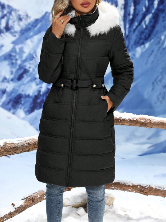 LUNE Pocket Side Zipper Front Belted Fuzzy Detail Hooded Puffer Coat