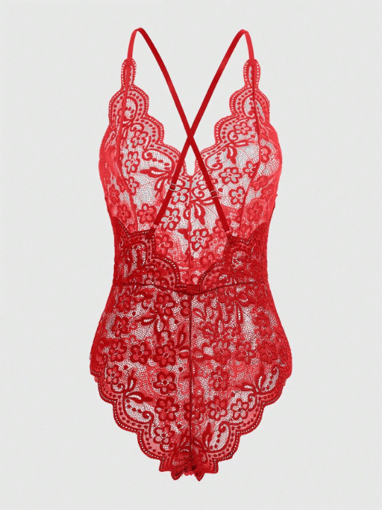 ROMWE Kawaii Shell-Shaped Lace Trimmed Sexy Cross-Back Design Bodysuit