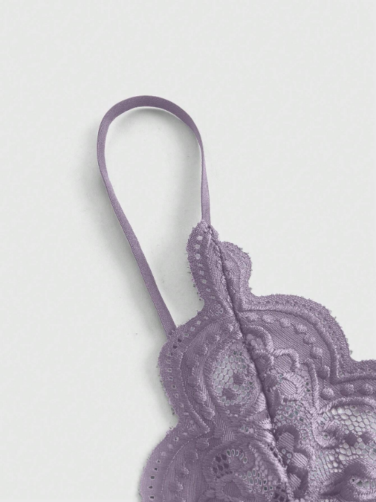 Cross Back Design Sexy Lace Bodysuit With Scalloped Hemline