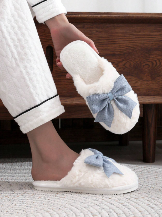 Butterfly Bowknot Design Women's Winter Plush Slippers For Indoor Home Floor, Couples Antiskid