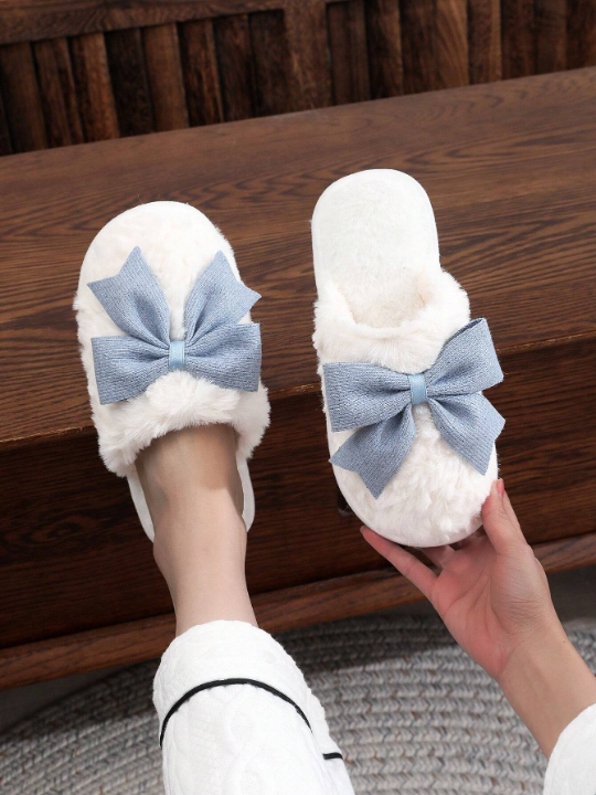 Butterfly Bowknot Design Women's Winter Plush Slippers For Indoor Home Floor, Couples Antiskid