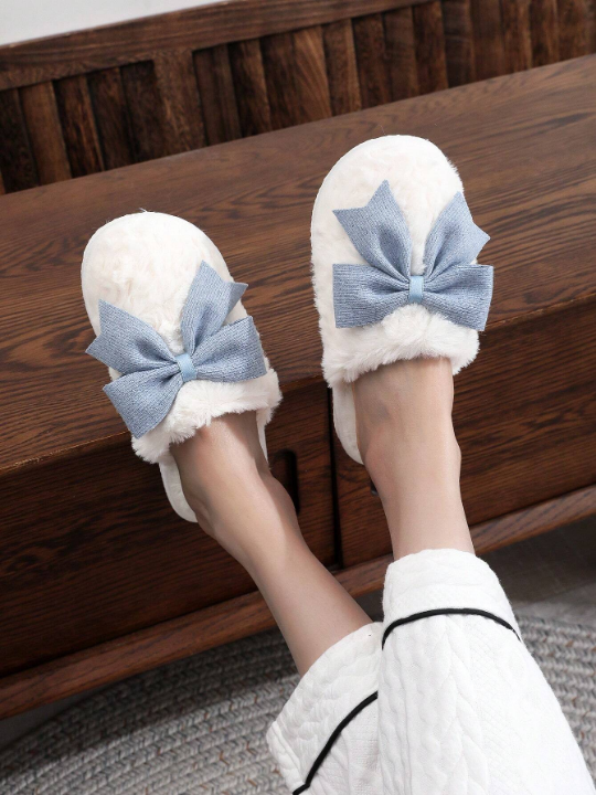 Butterfly Bowknot Design Women's Winter Plush Slippers For Indoor Home Floor, Couples Antiskid