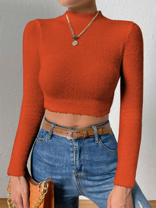 Essnce Solid Color Stand Collar Cropped Sweater