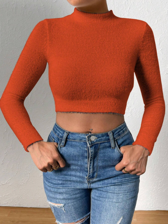 Essnce Solid Color Stand Collar Cropped Sweater