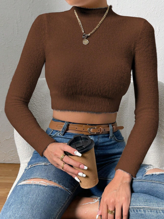 Essnce Round Neck Long Sleeve Solid Color Sweater