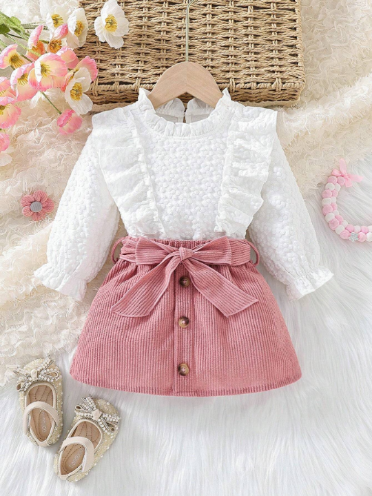 Baby Girls' Solid Color Frilled Edge Blouse With Corduroy Waistband Skirt Set