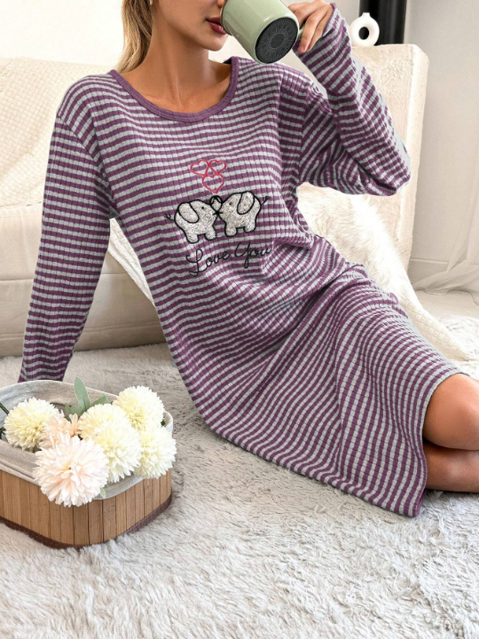 Cottnline Embroidered Striped Nightgown