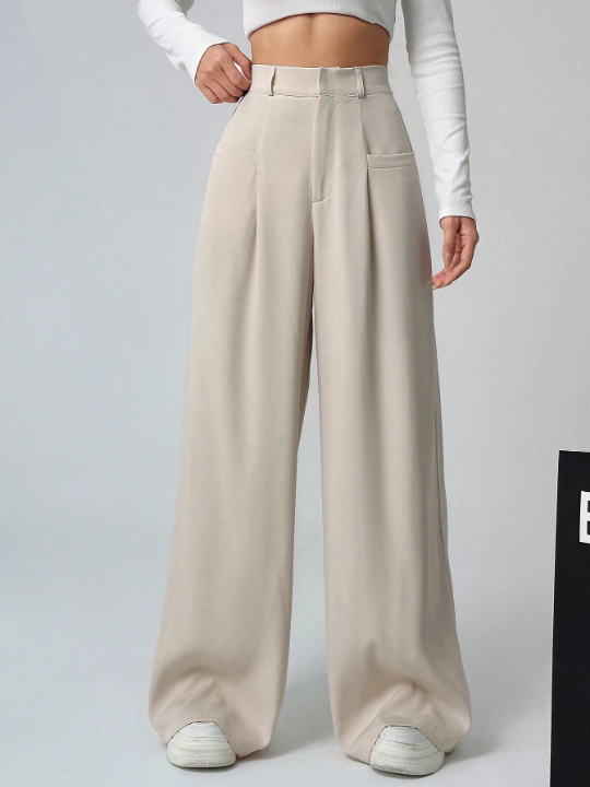 EZwear Women's Solid Color Pleated Wide Leg Pants