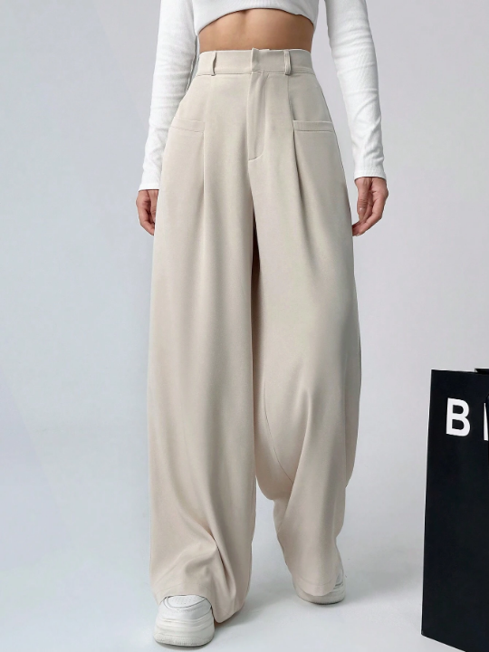 EZwear Women's Solid Color Pleated Wide Leg Pants