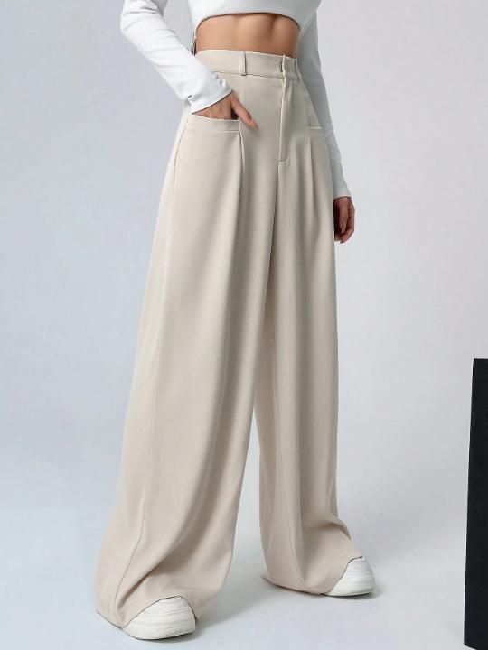 EZwear Women's Solid Color Pleated Wide Leg Pants