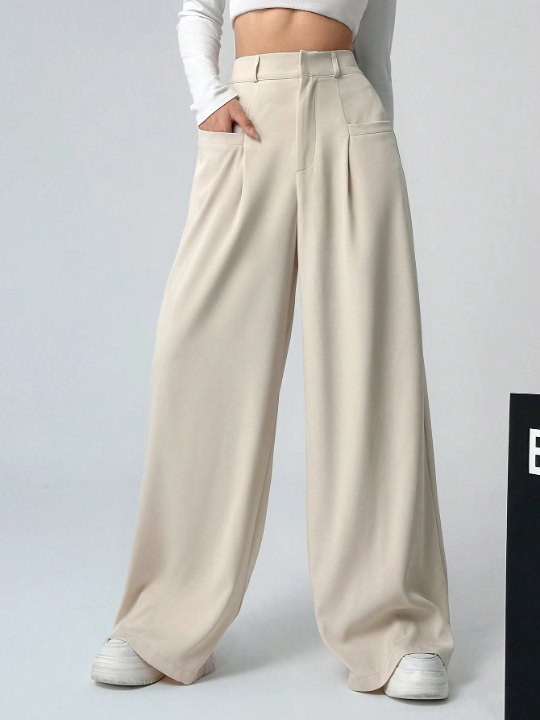 EZwear Women's Solid Color Pleated Wide Leg Pants