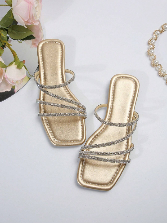 Women'S Rhinestone Slippers, New Trendy Style For Outdoor Use, Fashionable & High-End, Flat & Breathable