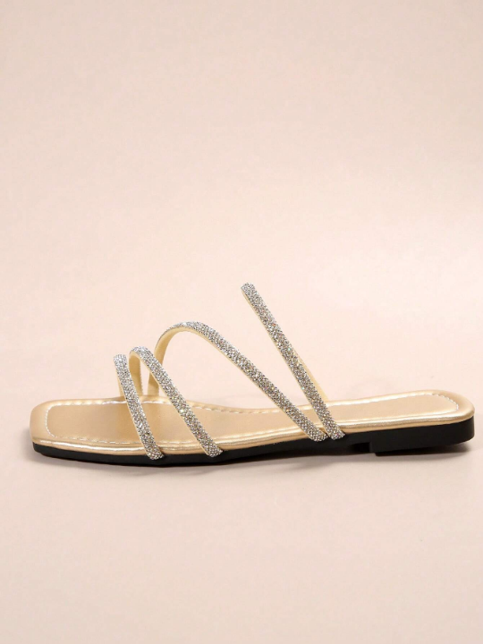 Women'S Rhinestone Slippers, New Trendy Style For Outdoor Use, Fashionable & High-End, Flat & Breathable