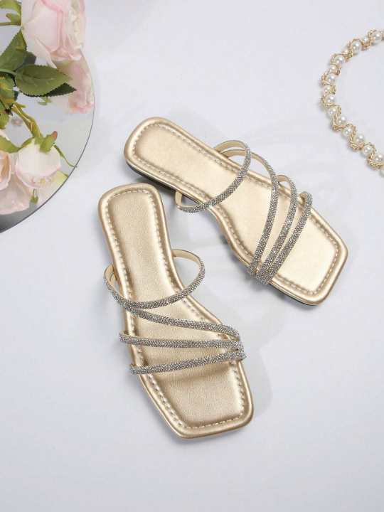 Women'S Rhinestone Slippers, New Trendy Style For Outdoor Use, Fashionable & High-End, Flat & Breathable