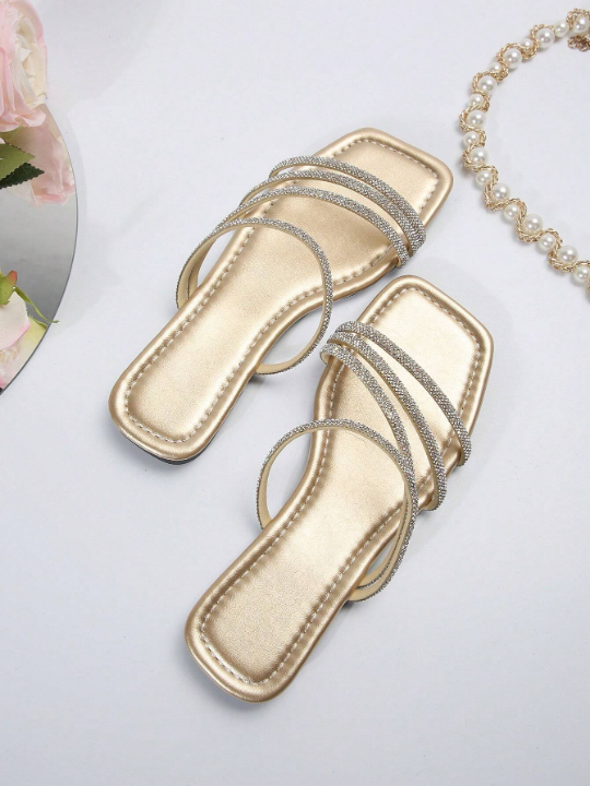 Women'S Rhinestone Slippers, New Trendy Style For Outdoor Use, Fashionable & High-End, Flat & Breathable