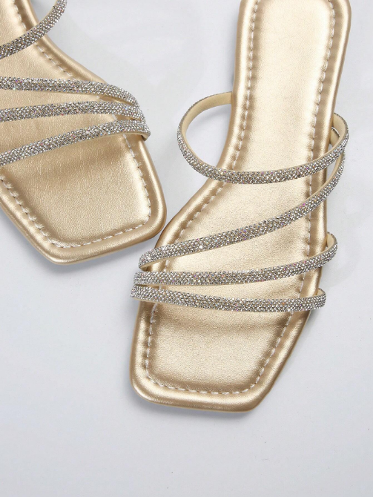 Women'S Rhinestone Slippers, New Trendy Style For Outdoor Use, Fashionable & High-End, Flat & Breathable