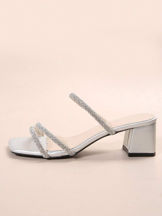 Fairy Style Square Toe Chunky Heeled Sandals With French Rhinestones For Women, Summer