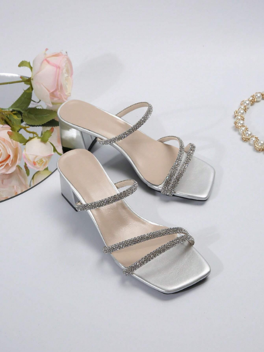 Fairy Style Square Toe Chunky Heeled Sandals With French Rhinestones For Women, Summer