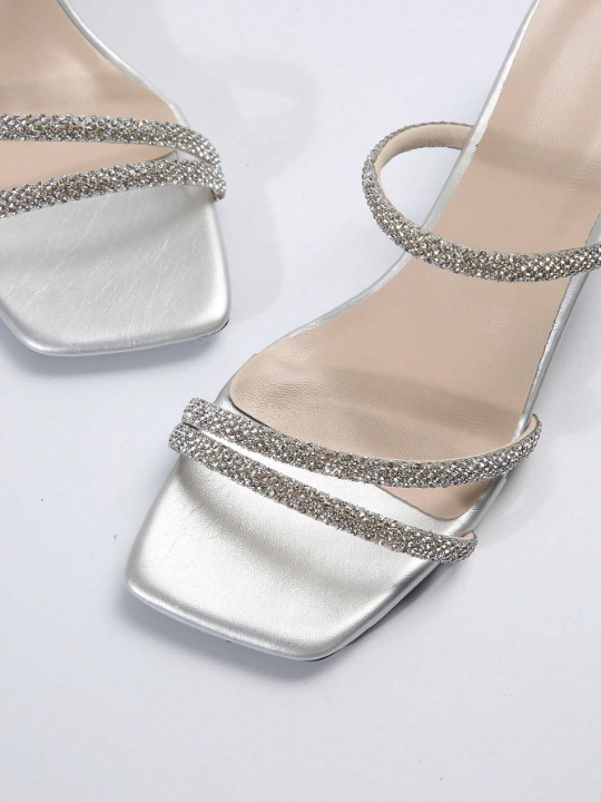 Fairy Style Square Toe Chunky Heeled Sandals With French Rhinestones For Women, Summer