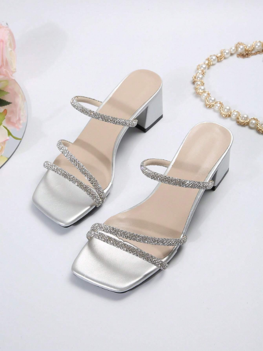 Fairy Style Square Toe Chunky Heeled Sandals With French Rhinestones For Women, Summer