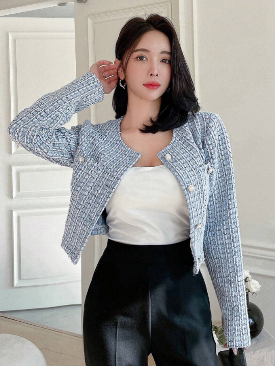 DAZY Plaid Pattern Short Round Neckline Open Front Long Sleeves Jacket