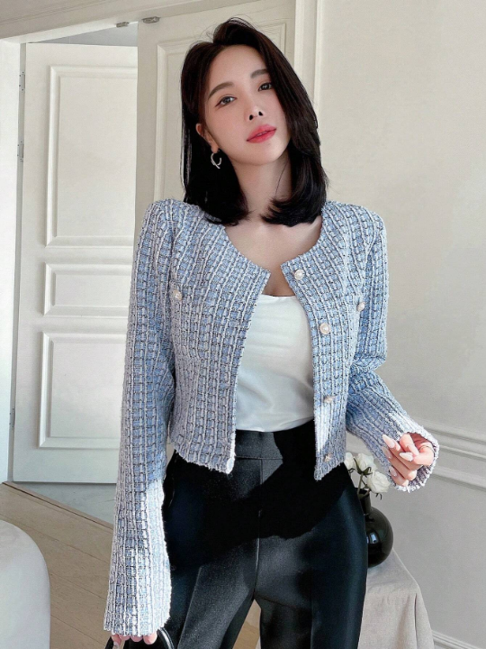 DAZY Plaid Pattern Short Round Neckline Open Front Long Sleeves Jacket