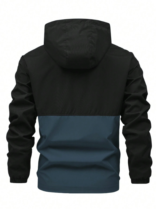 Men's Loose Fit Hooded Jacket With Letter Printing And Color Blocking Design, Zipper Closure