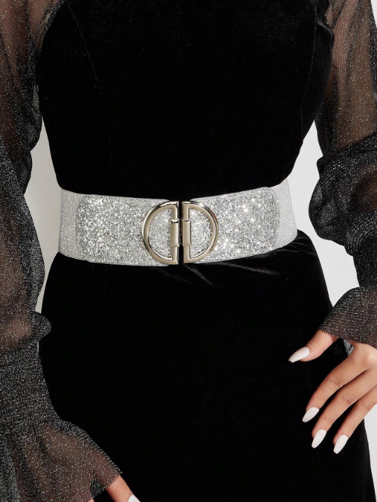 1pc Women's D Buckle Glitter Facing Pu Dress Decoration Fashionable Stretch Waistband Suitable For Daily & Party Use