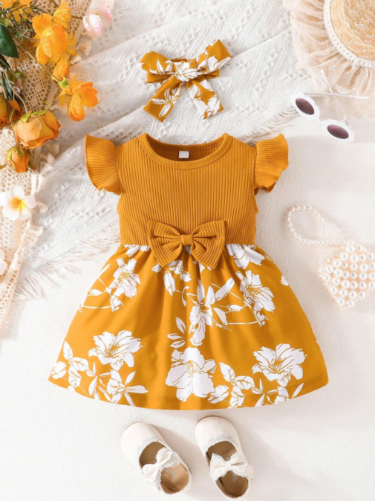 Infant Baby Girls' Summer Thin Forest Style Flying Sleeve Dress With Bowknot And Headband Set