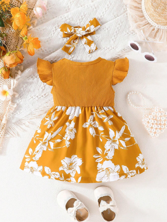 Infant Baby Girls' Summer Thin Forest Style Flying Sleeve Dress With Bowknot And Headband Set