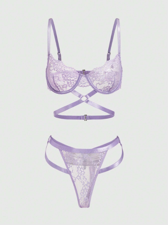 ROMWE Kawaii Sexy Lace Underwire Lingerie Set For Valentine'S Day, Sweet Style