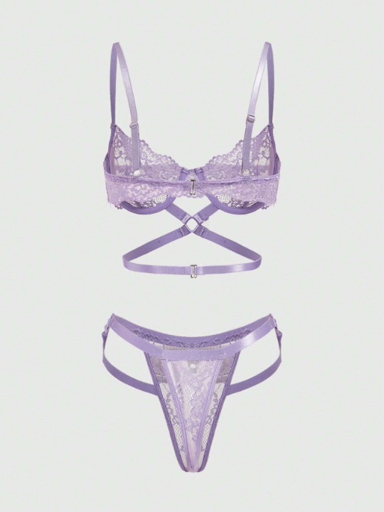 ROMWE Kawaii Sexy Lace Underwire Lingerie Set For Valentine'S Day, Sweet Style