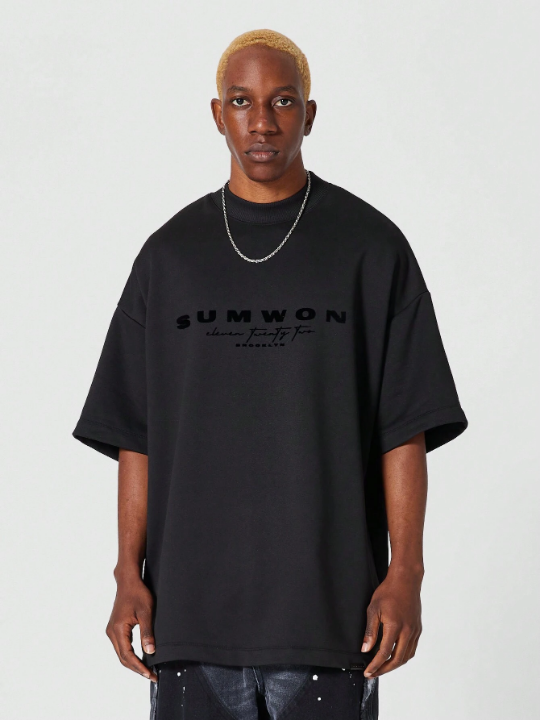 SUMWON Heavyweight Oversized Fit Mock Neck Tee With Flock Front Print