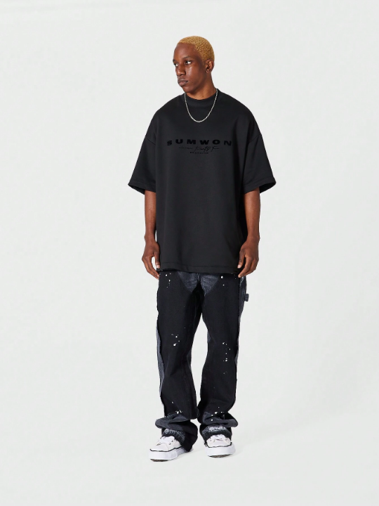 SUMWON Heavyweight Oversized Fit Mock Neck Tee With Flock Front Print