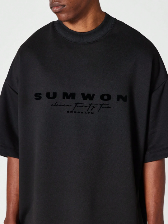 SUMWON Heavyweight Oversized Fit Mock Neck Tee With Flock Front Print