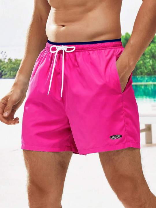 Manfinity Swimmode Men Letter Patched Detail Drawstring Waist Swim Trunks