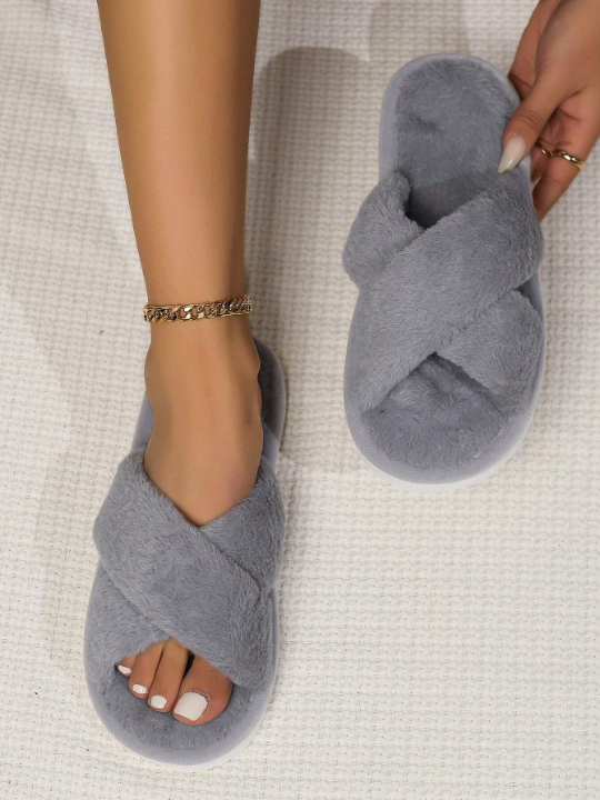 Women's Gray Open Toe Cross Band Slippers, Fashionable And High-End Design, Indoor Anti-Slip Home Slippers