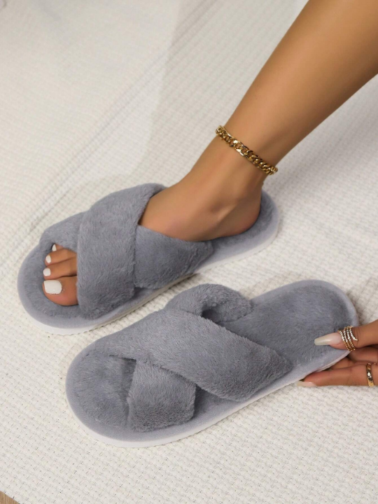 Women's Gray Open Toe Cross Band Slippers, Fashionable And High-End Design, Indoor Anti-Slip Home Slippers